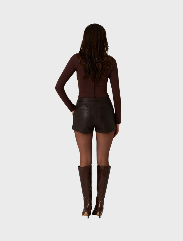 Dark truffle vegan leather shorts with a sleek design, perfect for stylish and eco-friendly fashion choices.