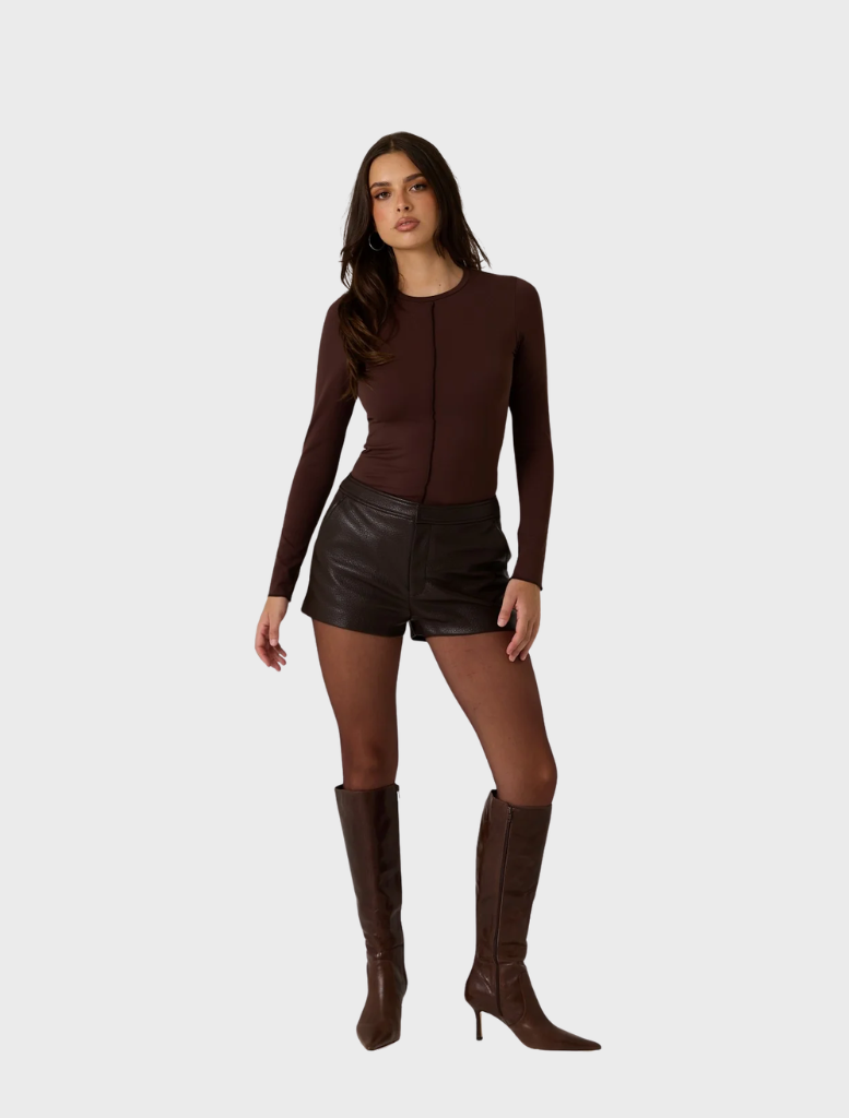 Chic vegan leather shorts in dark truffle, ideal for a fashionable and environmentally conscious wardrobe