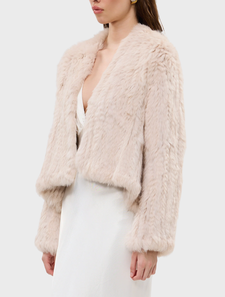 Handmade Emma Jacket in stone, crafted from rabbit fur, offers an open front and a chic short front with a longer back.