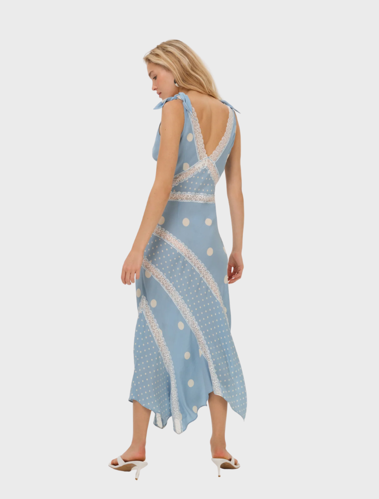 Blue midi dress adorned with a dot design, showcasing short sleeves and a tailored silhouette for versatile styling.