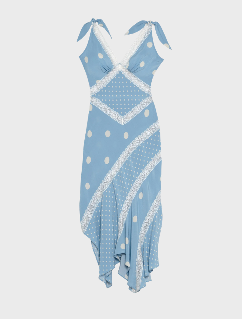 Blue midi dress with a charming dot motif, designed with short sleeves and a fitted waist, great for casual outings.