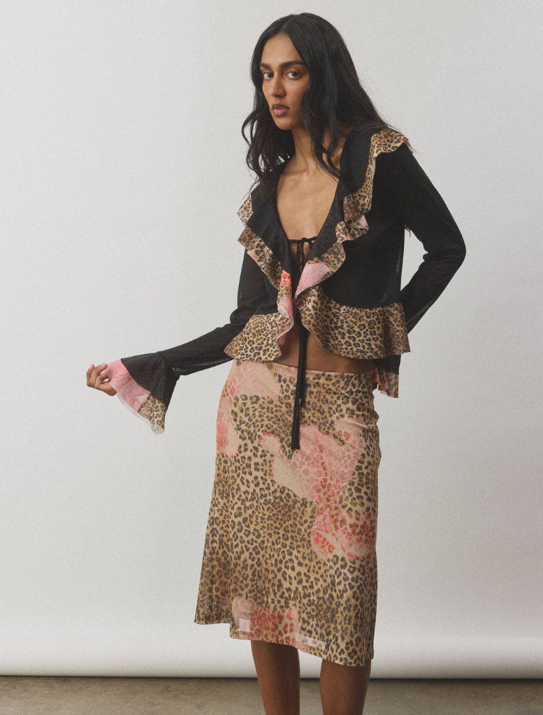 Stylish frill cardigan in a mesh fabric adorned with a bold leopard print, perfect for adding flair to any outfit.