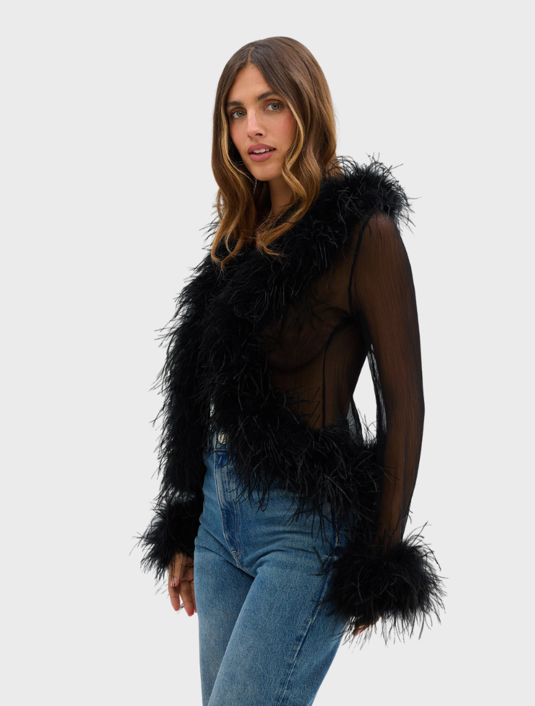 Model displays the black Gigi Feather Blouse, embellished with feathers, emphasizing its trendy and sophisticated appeal.