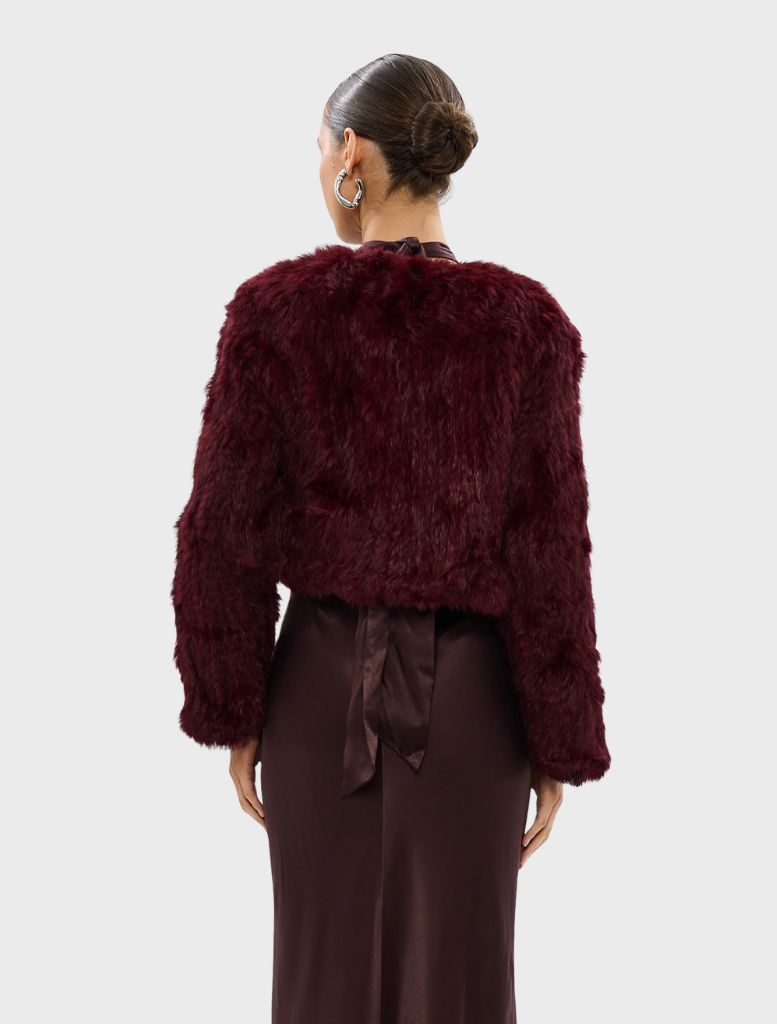  Fashionable wine crop jacket by Lola, showcasing a contemporary silhouette for a stylish appearance.