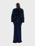 Elegant navy Manhattan Crop Jacket with a cropped cut, perfect for enhancing both casual and formal ensembles.