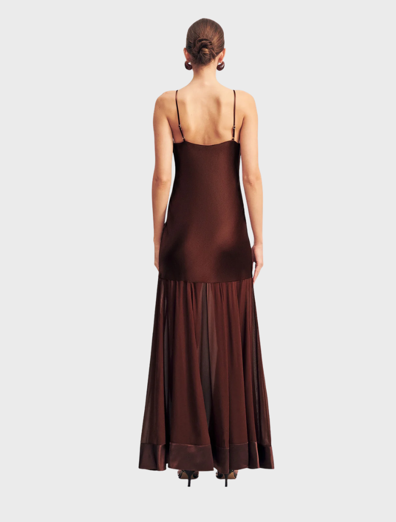 Moraya Plunged Maxi Dress in coffee color, featuring a deep neckline and flowing silhouette for an elegant look.