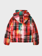 A padded jacket showcasing a bright plaid pattern, referred to as Padded_Malmo - 9019 Tutti Frutti Jacket.