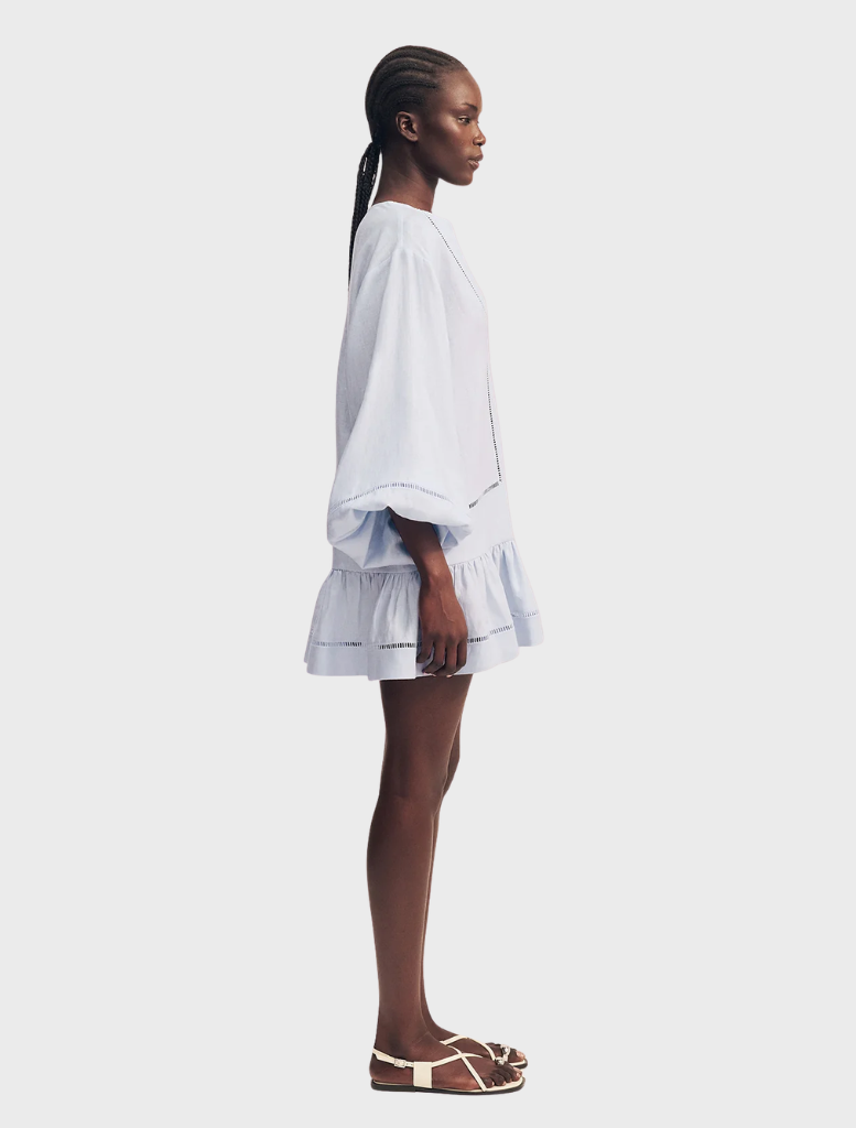 Sky blue Tommy balloon sleeve mini dress with a fitted bodice and flared skirt, perfect for casual or semi-formal occasions.