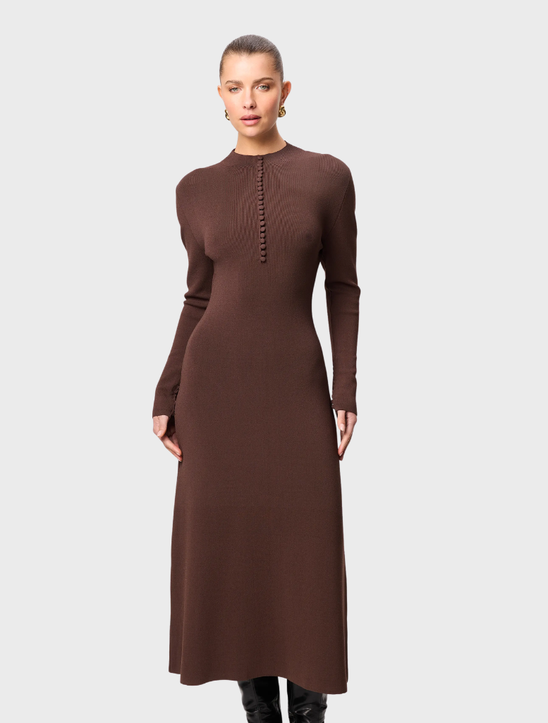 Elegant chocolate Windsor midi dress featuring a fitted top and a flowing skirt, ideal for formal events.