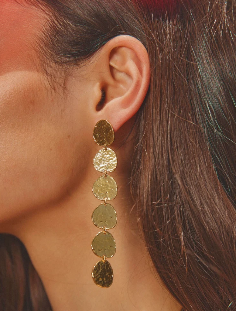 Elongated gold drop earrings with hand-hammered texture, lightweight design, and 9.2 cm drop length.