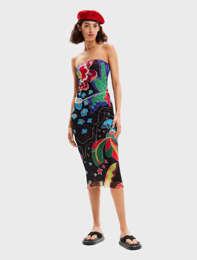 Neutral grey Swim Jungle Dress displayed on a mannequin, featuring a relaxed fit and tropical print accents.
