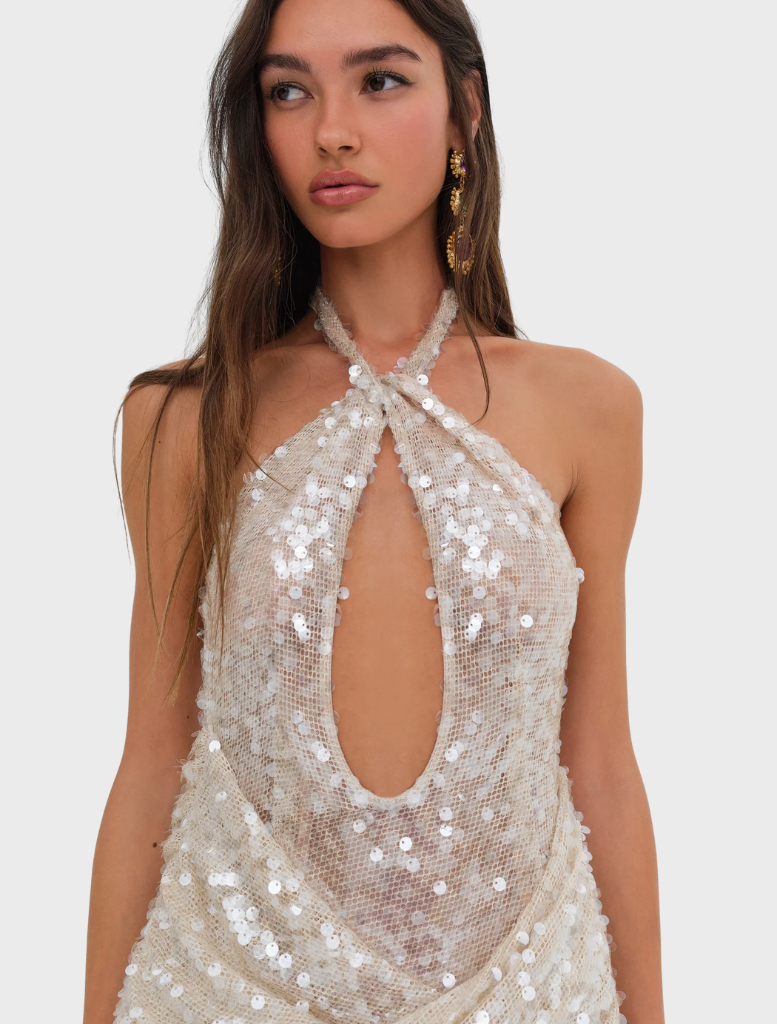 Stylish nude sequin maxi dress with a form-fitting top and a long, flowing skirt, ideal for special events.
