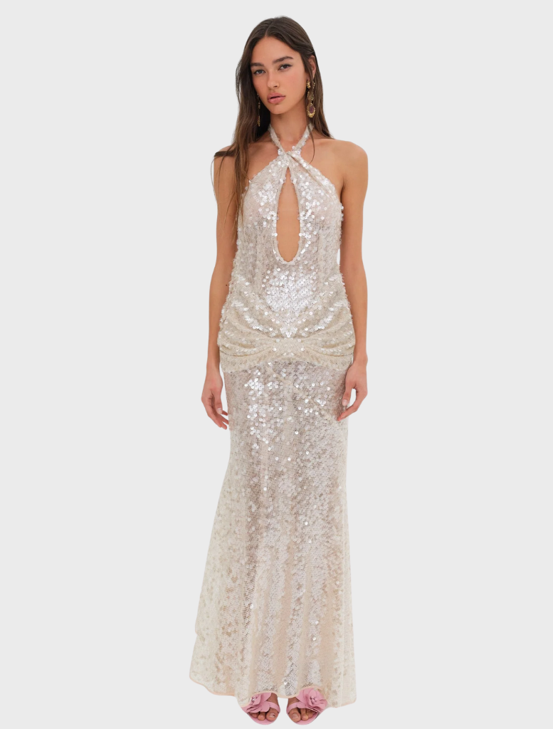 Nude sequin maxi dress featuring a fitted bodice and flowing skirt, perfect for formal occasions or evening events.