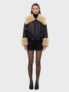 Black Willow jacket displayed on a hanger, showcasing its sleek design and fabric texture.