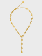 A gold necklace featuring a long chain and a heart-shaped pendant, elegantly designed for a classic look.