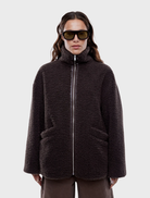 Espresso-colored Jayla Teddy Jacket, featuring a soft, plush texture and a stylish, cozy design for warmth and comfort.