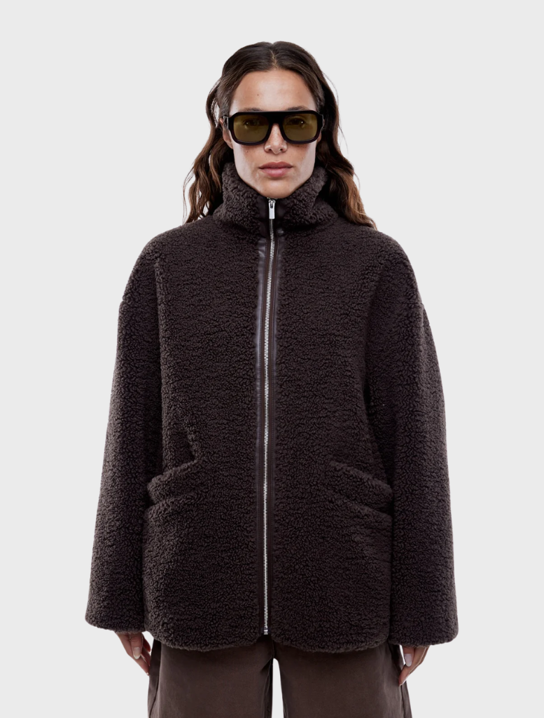 Espresso-colored Jayla Teddy Jacket, featuring a soft, plush texture and a stylish, cozy design for warmth and comfort.