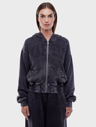 Terry EP Zip Thru Hoodie in washed charcoal, featuring a full zip front and a relaxed fit for comfort and style.