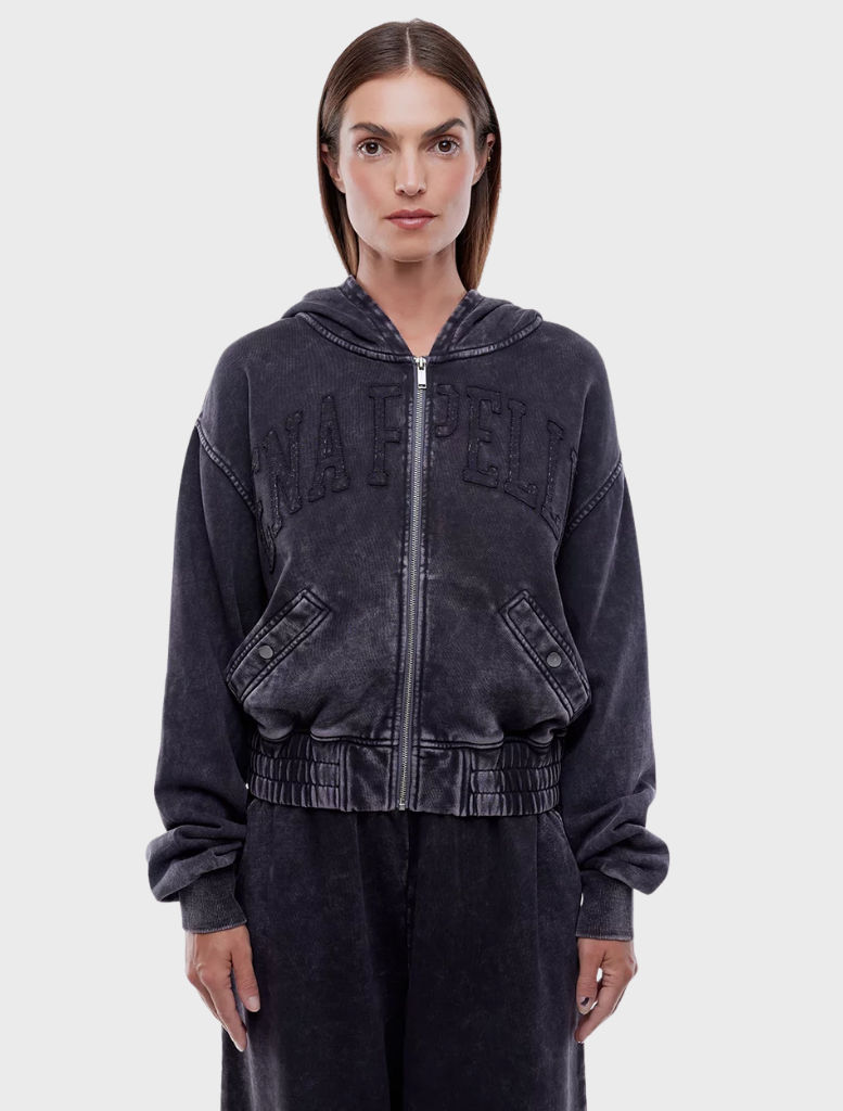 Terry EP Zip Thru Hoodie in washed charcoal, featuring a full zip front and a relaxed fit for comfort and style.