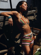 A fashionable crochet shortie with a comfortable cut and unique texture, suitable for summer wear and casual events.