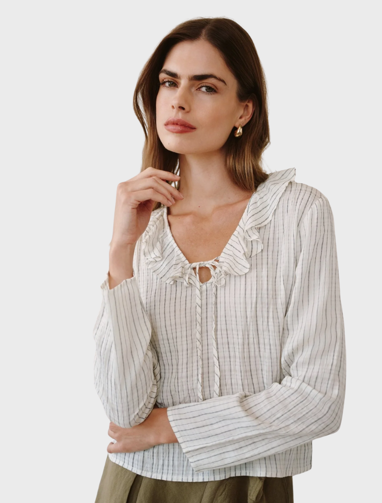 Ecru and black pinstripe tie ruffle neck top, featuring a stylish design suitable for casual or professional wear.
