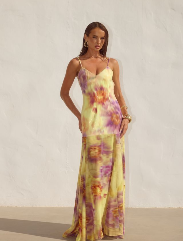 Tulia Low Back Maxi Dress in Suri Yellow, featuring a flowing design and elegant low back for a stylish summer look.