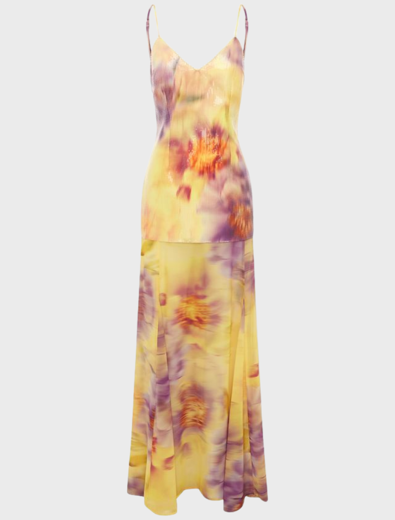 Tulia Low Back Maxi Dress in Suri Yellow, combining a bright hue with a sophisticated low back for a fashionable summer outfit.