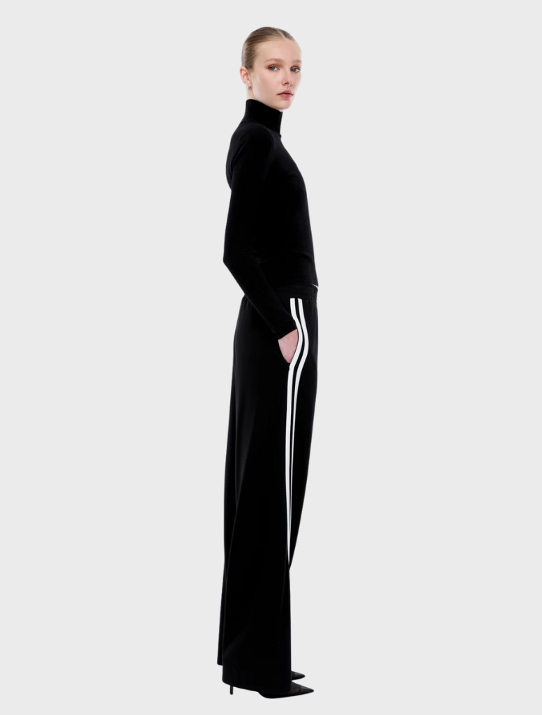 Valentina Stripe Pant, designed with black and off-white stripes, offering a fashionable look for various occasions.