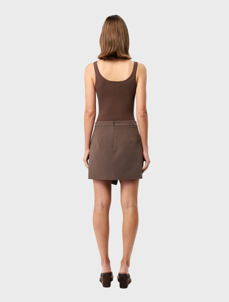 Mocha-colored Vault Mini Skirt displayed on a white background, showcasing its stylish design and fabric texture.