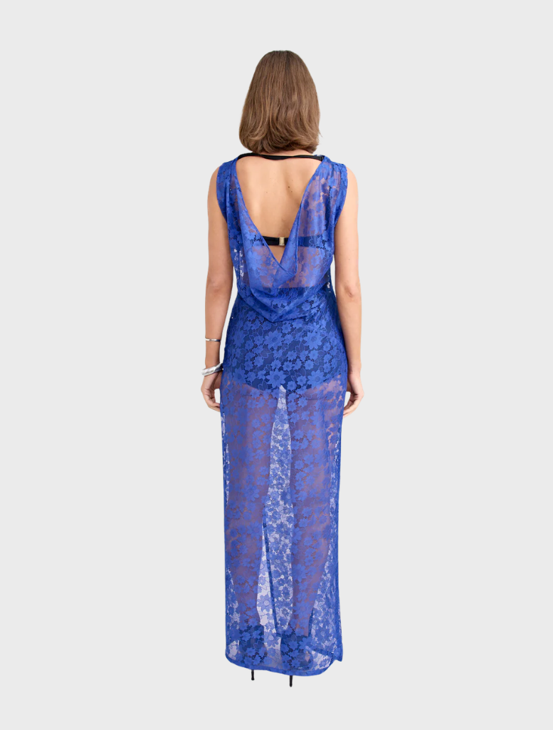 Elegant cobalt lace dress by Velora, featuring delicate lace patterns and a flattering silhouette for special events.