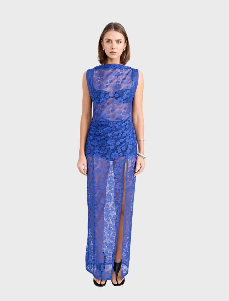 Cobalt blue Velora lace dress with intricate detailing, showcasing a stylish and elegant design suitable for formal occasions.