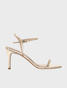 Gold metallic leather high heel sandal with a strap and ankle strap, named Vicki Sandal.