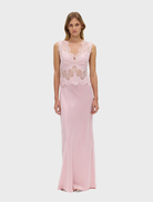Elegant rose lace floor-length dress with intricate detailing, perfect for formal occasions and special events.