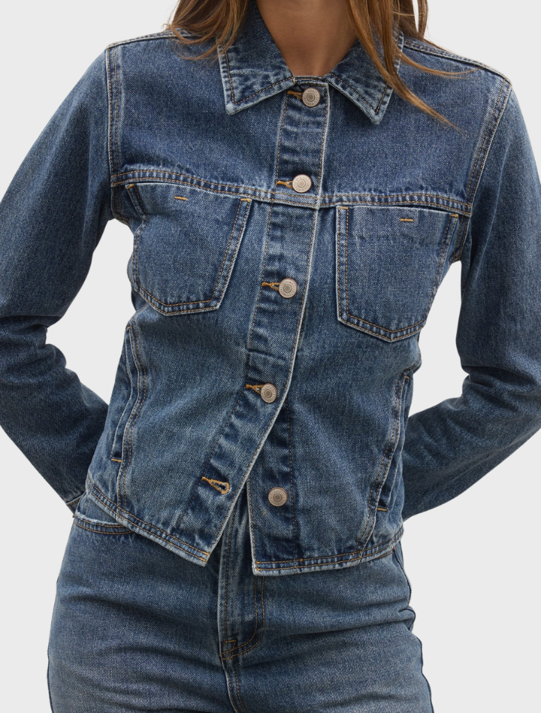 Vivi Denim Jacket in Ash Tide, showcasing a light wash and a timeless silhouette perfect for everyday outfits.