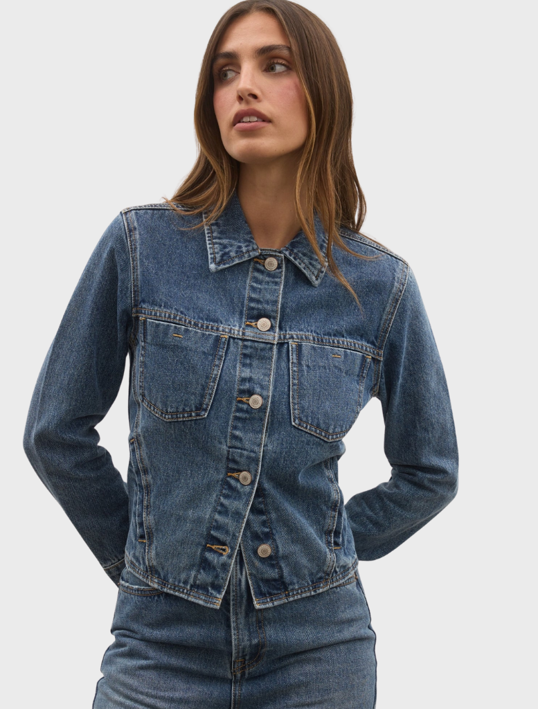 Ash Tide Vivi Denim Jacket featuring a classic design with a light wash and stylish, relaxed fit for casual wear.