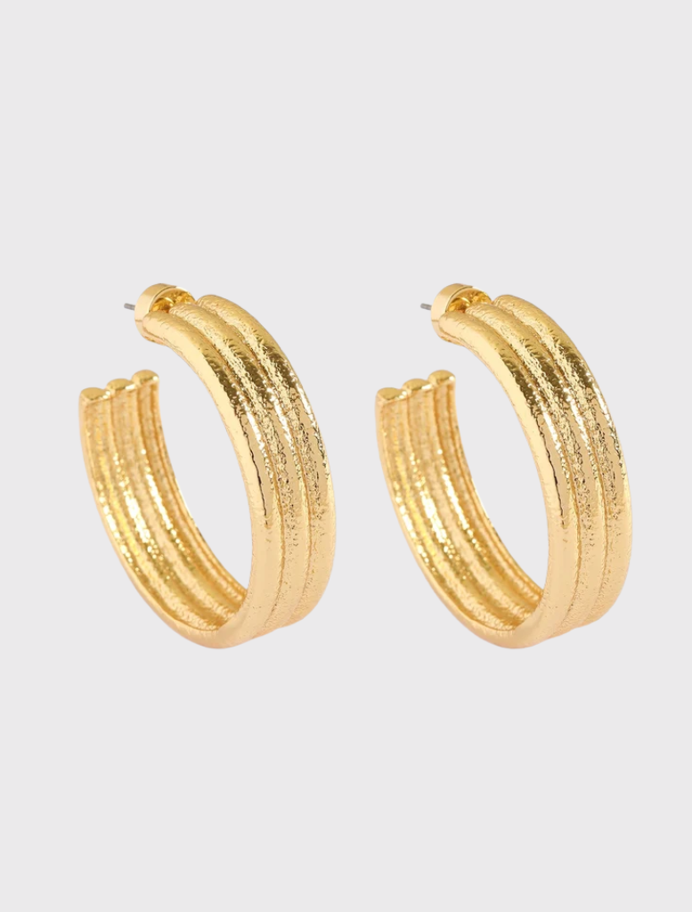 Gold triple textured hoop earrings, 4cm drop, made of recycled brass and 14k gold plated for a bold, chic look.