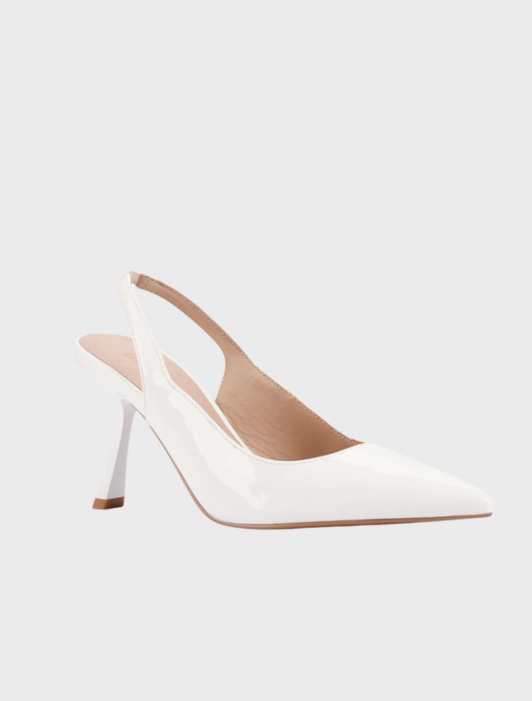 Elegant white Celeste pump featuring a pointed toe and a stylish silhouette, perfect for dressy events.