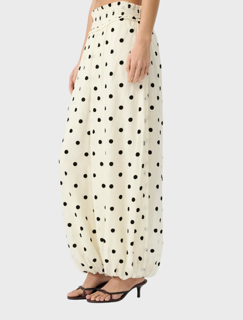 Willow Pant in Heirloom Dot features a voluminous balloon silhouette, tapering elegantly at the ankle for modern relaxed tailoring.