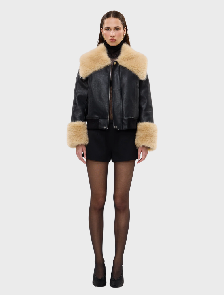 Elegant black Willow Jacket designed with shearling accents, oversized collar, and relaxed fit for casual or polished looks.