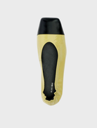 Yellow shoe with black trim and heel, made of pistachio oily crinkle leather, showcasing a stylish design.