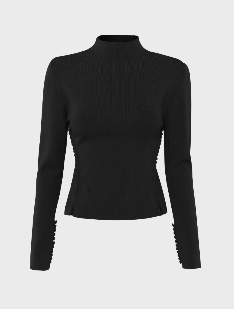 Elegant black Windsor knit top, perfect for layering or standalone wear in various settings.