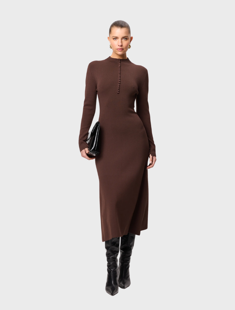 Chocolate-colored Windsor midi dress with a fitted bodice and flowing skirt, perfect for elegant occasions.c