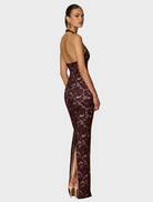 Stunning wine Alessia gown showcasing a sophisticated style with delicate embellishments, suitable for formal wear.