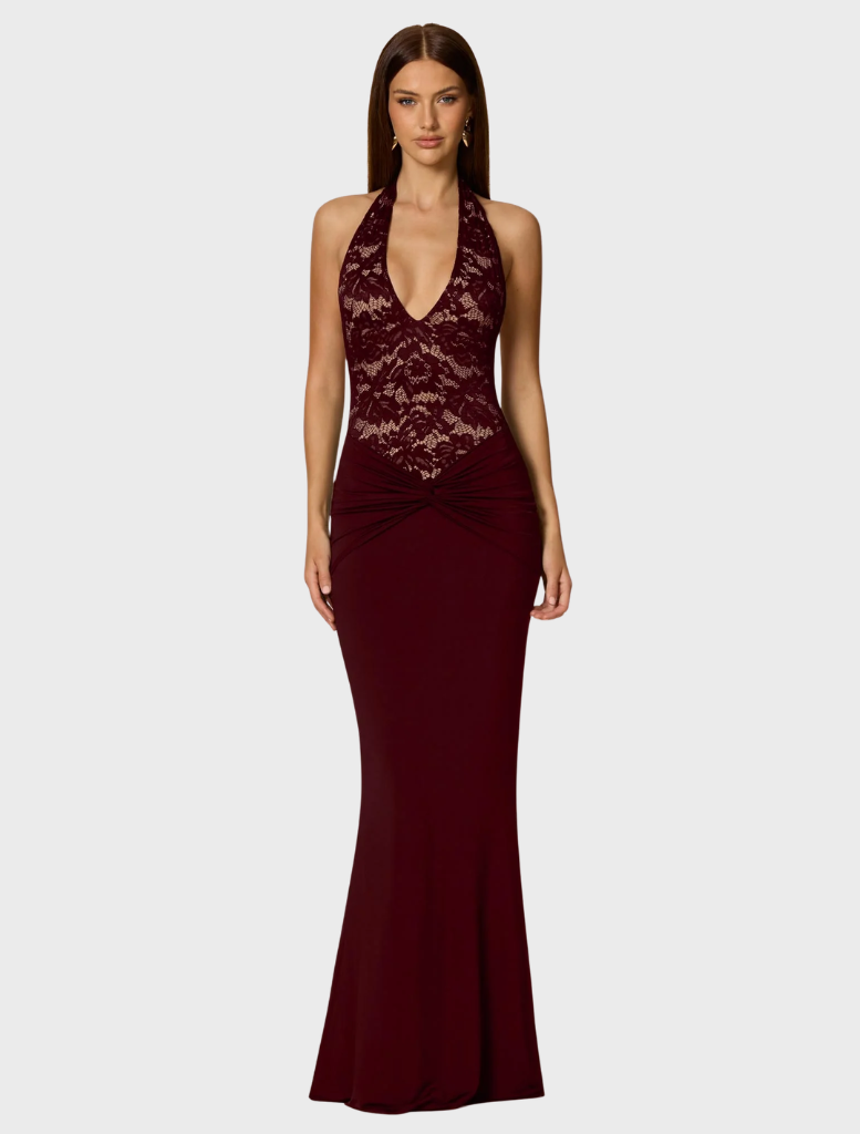 Stylish Lennox Halter Gown in rich wine color, designed with a halter neck and graceful draping.