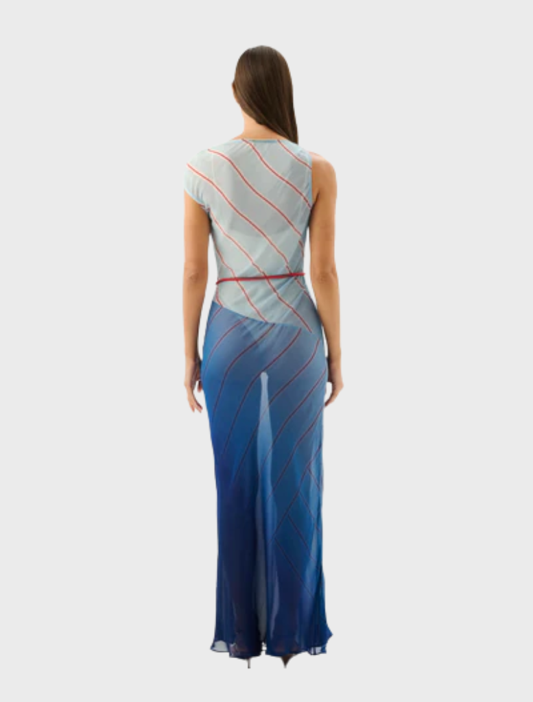 Long Capri maxi dress with a colorful striped design reminiscent of the sea's hues and patterns.