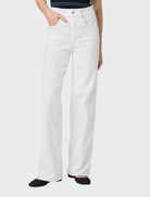 Crisp white Sasha 32 wide leg jeans, showcasing a contemporary fit and versatile style for casual or dressy looks.