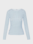 Blue Amelia Top with a delicate small dot design, combining elegance and playfulness for versatile styling.