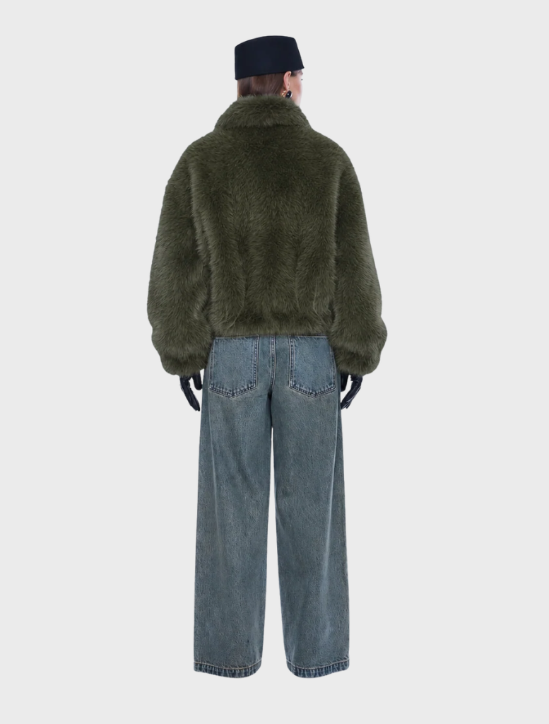 Olive faux fur bomber jacket, fully lined with oversized fit, standard collar, zipper closure, side pockets, and elastic cuffs.
