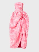 Elegant pink strapless ball gown featuring a structured bodice and a voluminous skirt, ideal for special events.