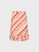 Stylish blush striped midi skirt with frill detailing, suitable for various fashion styles and events.